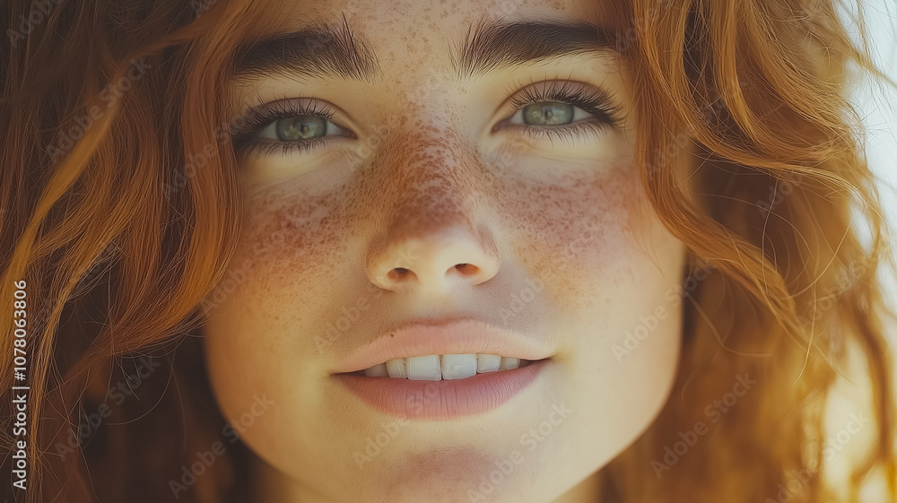 A woman with red hair and green eyes is smiling. She has a lot of freckles on her face A woman with red hair and green eyes is smiling. She has a lot of freckles on her face