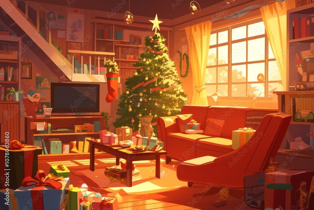 Obraz premium Cozy living room with Santa's gifts scattered around, Cozy vibe, Generative AI