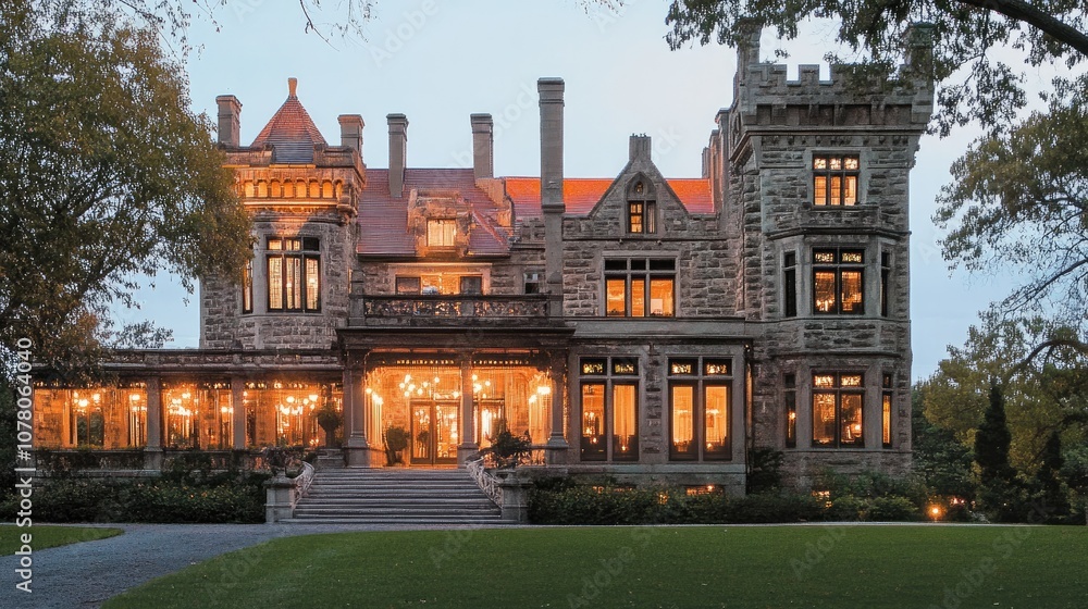 Obraz premium Mystical castle with lights glowing through windows, evening setting