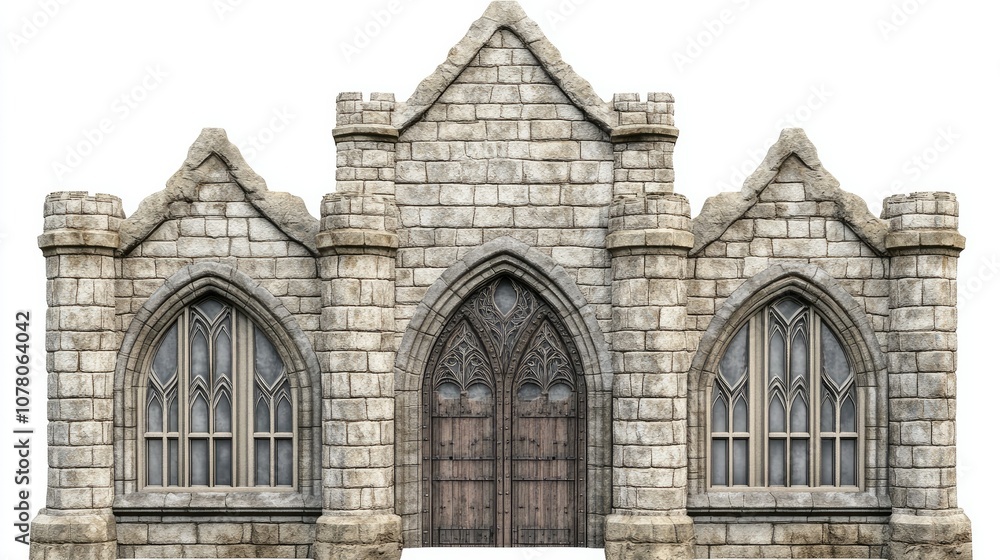 Majestic stone castle with large, arched doors on a white background Majestic stone castle with large, arched doors on a white background