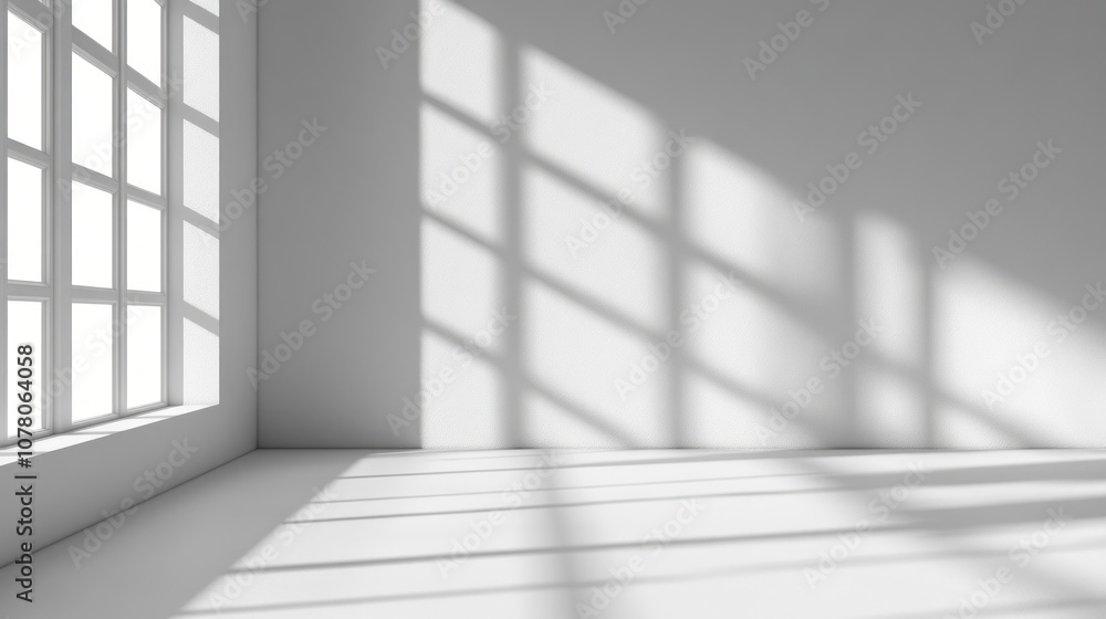 A minimalistic interior scene with light and shadow patterns from a window. A minimalistic interior scene with light and shadow patterns from a window.