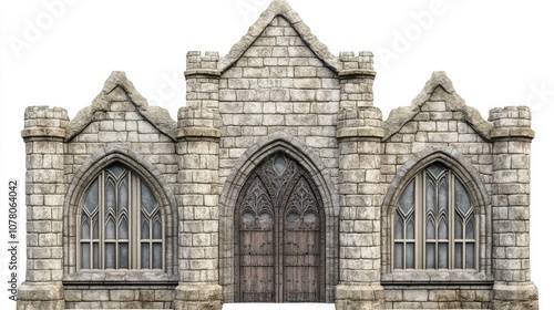 Majestic stone castle with large, arched doors on a white background