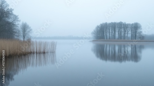 A serene, foggy landscape featuring a calm lake and distant trees reflecting on the water.