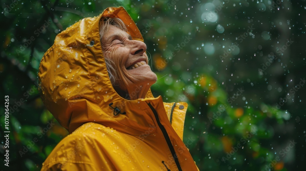 Fototapeta premium A joyful woman in a yellow jacket enjoys a rainy day in a vibrant, lush forest filled with greenery