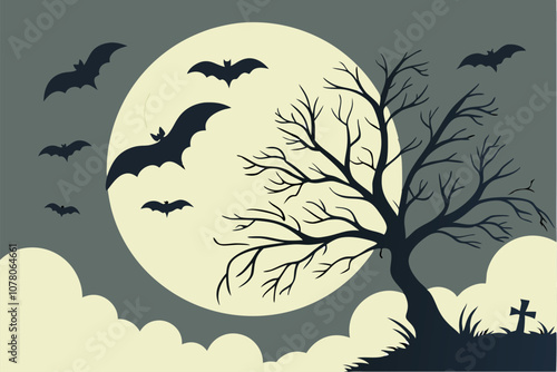 Spooky moon in cloudy sky with bats Halloween night