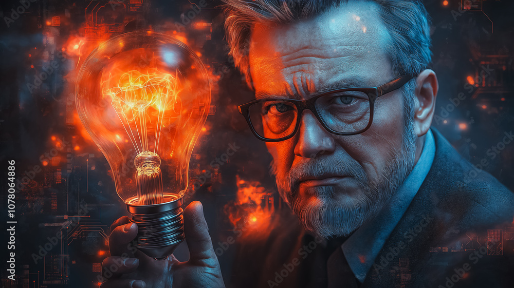 A man is holding a light bulb in his hand. The light bulb is glowing red and orange, and the man is wearing glasses. The image has a futuristic and somewhat ominous feel to it A man is holding a light bulb in his hand. The light bulb is glowing red and orange, and the man is wearing glasses. The image has a futuristic and somewhat ominous feel to it