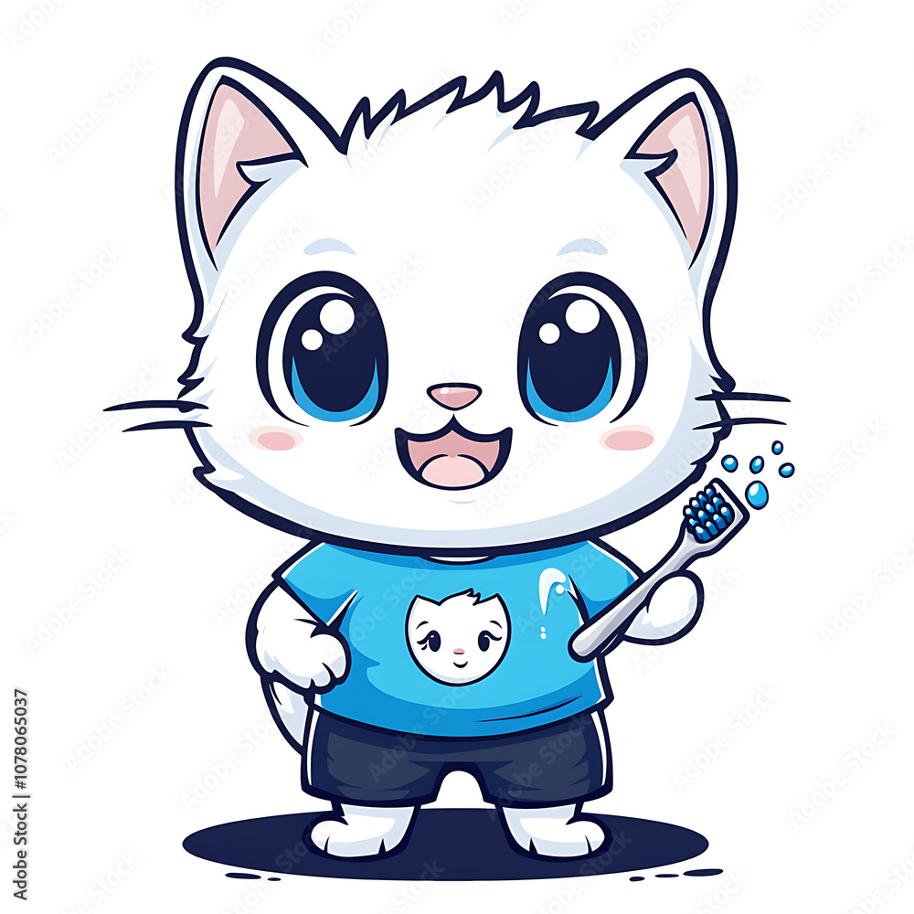 Fototapeta premium A cheerful cartoon cat wearing a blue shirt and shorts holds a toothbrush, promoting dental hygiene in a playful and engaging way