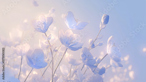 A soft blue background featuring delicate white flowers and petals with a gentle light, evoking a feeling of peace and beauty for illustrations.