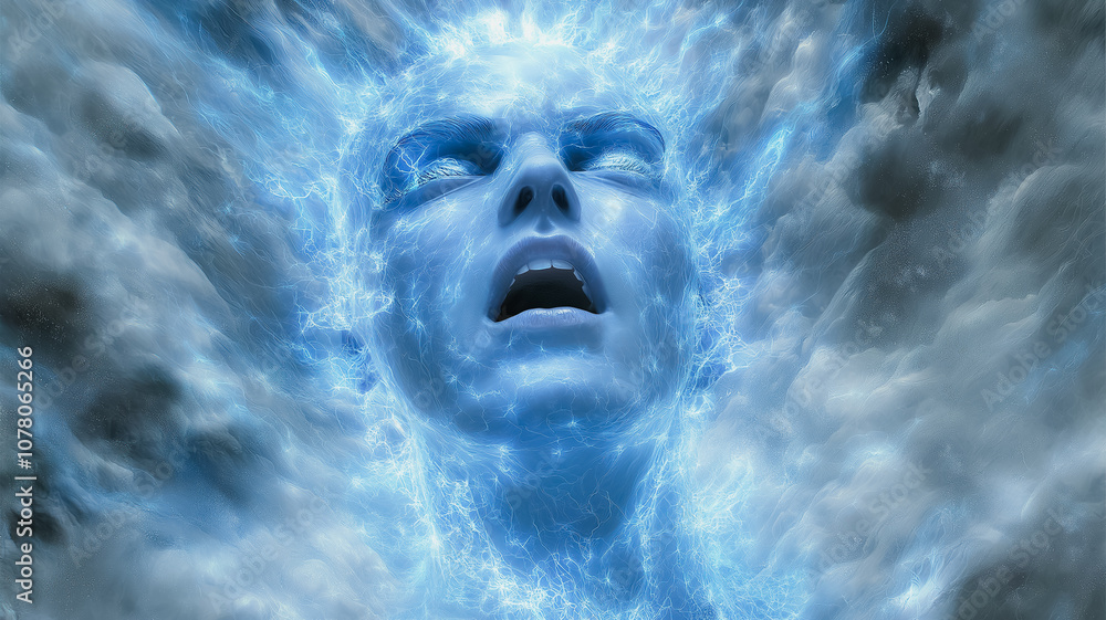 A blue face with a mouth open and a cloud in the background. The face is surrounded by a blue mist A blue face with a mouth open and a cloud in the background. The face is surrounded by a blue mist