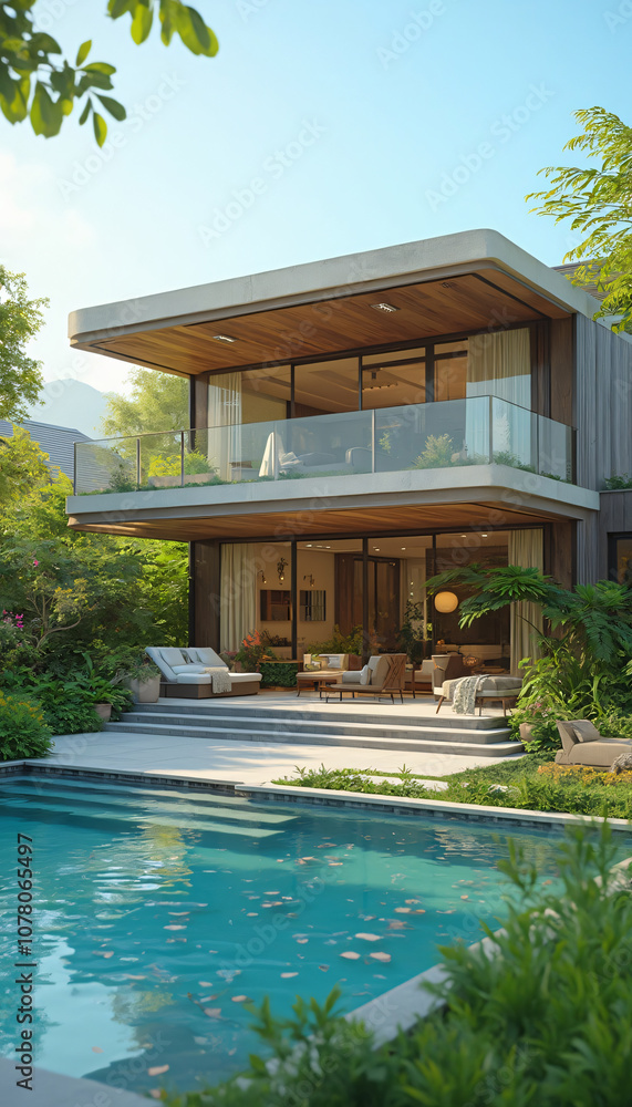 Fototapeta premium A modern house with a glass facade overlooking a serene pool, surrounded by lush plants and sunlight, embodying luxury and relaxation for real estate.