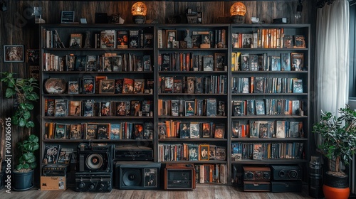 A cozy room featuring two bookshelves filled with books and vintage audio equipment.