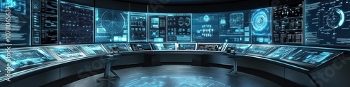 Futuristic control room with high-tech screens and interface