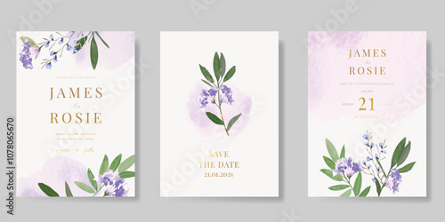 Elegant wedding invitation card background vector. Minimal hand painted purple and blue watercolor botanical flowers texture. Design illustration for wedding, vip cover, poster, rsvp modern card.