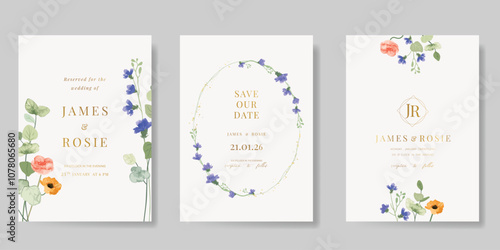 Elegant wedding invitation card background vector. Minimal hand painted purple and blue watercolor botanical flowers texture. Design illustration for wedding, vip cover, poster, rsvp modern card.