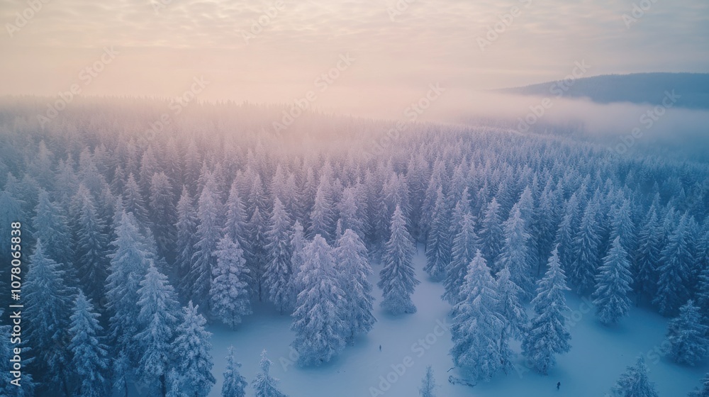 Aerial shot capturing a vast landscape of snow-covered trees fading into a distant fog. Aerial shot capturing a vast landscape of snow-covered trees fading into a distant fog.