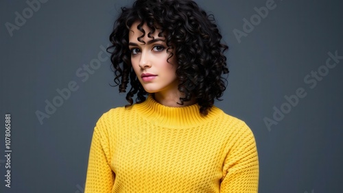 Vibrant Young Woman in Yellow Sweater with Curly Hair, Perfect for Advertising and Fashion Photography photo