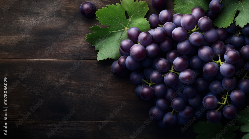 Close-up of a bundle of purple grapes with green leaves on a dark wooden surface, showcasing the fresh fruit and vibrant color contrast. Close-up of a bundle of purple grapes with green leaves on a dark wooden surface, showcasing the fresh fruit and vibrant color contrast.