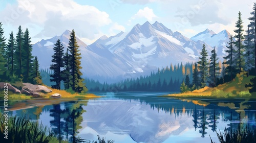 A serene mountain lake with snow-capped peaks and lush forest reflected in the water.