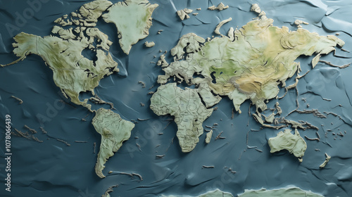 Detailed world map with relief effect showing countries and oceans