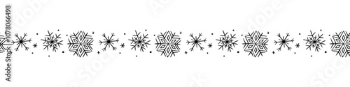 Edging, ribbon, border from black snowflakes. Vector seamless pattern, divider, decorative element, decoration of winter design, Snowfall, Christmas, new year