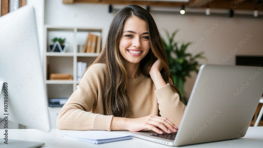 Smiling Young Woman Working on Laptop in Modern Office Space, Ideal for Business and Marketing Materials Smiling Young Woman Working on Laptop in Modern Office Space, Ideal for Business and Marketing Materials