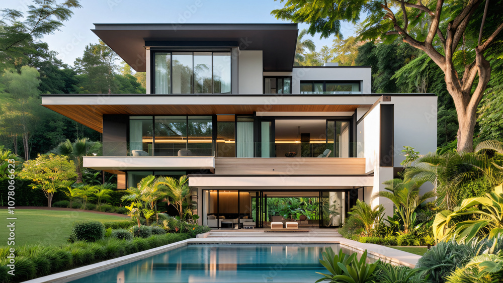 Fototapeta premium A modern luxury house with large glass windows and a pool, surrounded by lush greenery, showcasing contemporary architecture for real estate.