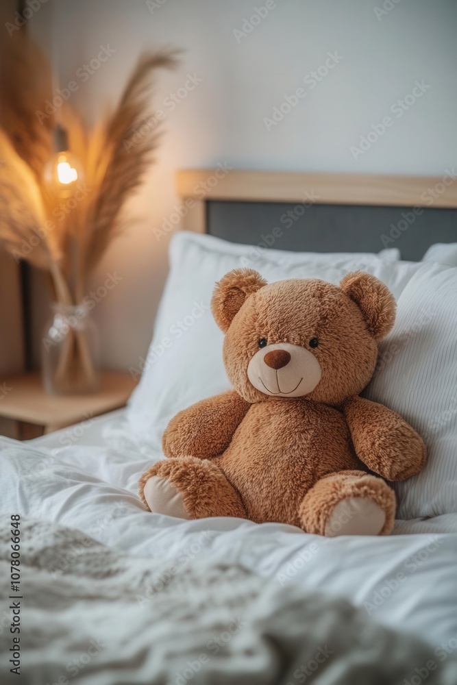 A cozy bedroom scene featuring a soft teddy bear on a neatly made bed, creating a warm and inviting atmosphere. A cozy bedroom scene featuring a soft teddy bear on a neatly made bed, creating a warm and inviting atmosphere.