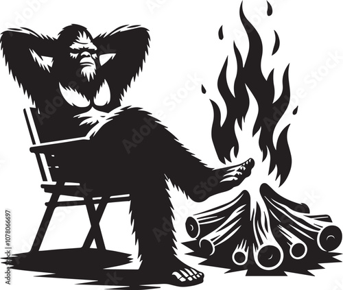 Bigfoot silhouette relaxing by a campfire arms behind head