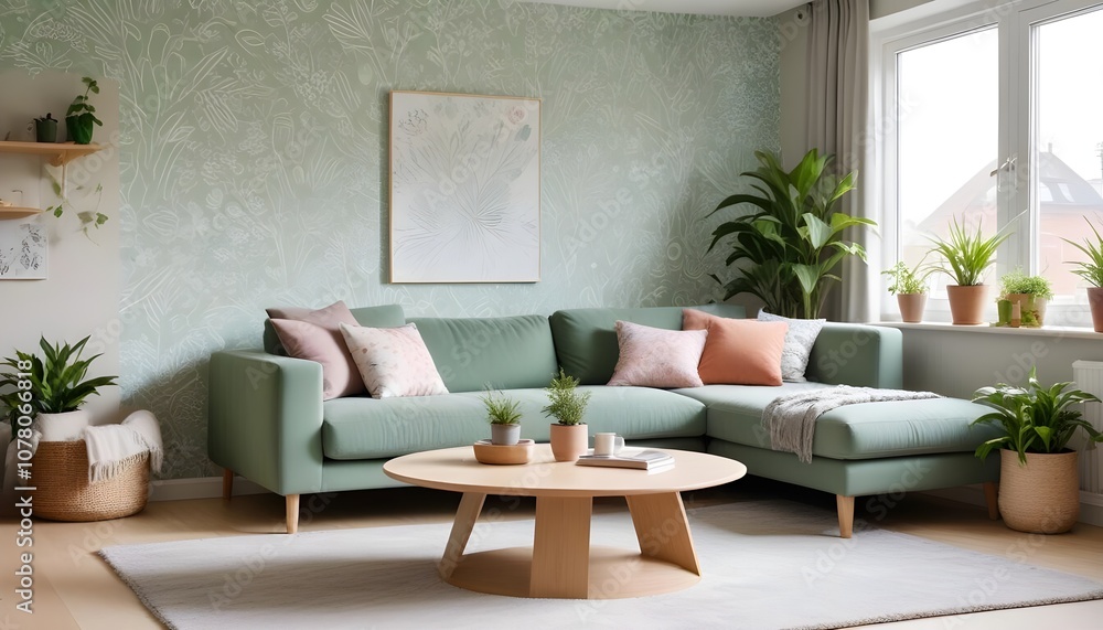 Scandinavian living room interior design zoom background,Doodle patterned wallpaper graphics Scandinavian living room interior design zoom background,Doodle patterned wallpaper graphics