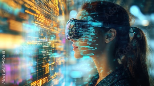 A woman wearing VR goggles interacts with a digital interface displaying data streams.