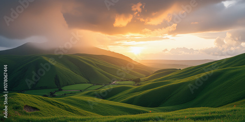 A breathtaking landscape view showcasing rolling green hills under a dramatic sky with clouds, illuminated by a warm sunset for landscapes.