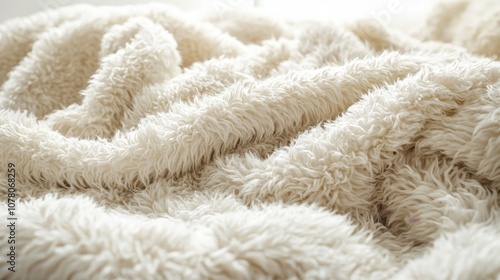 A soft, fluffy beige blanket draped in gentle folds, creating a cozy atmosphere.