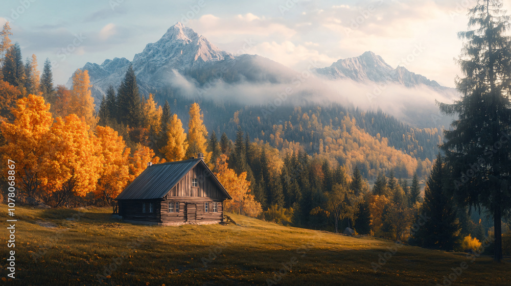 A rustic cabin nestled in a picturesque autumn landscape, surrounded by vibrant trees and mountains, conveying a serene natural setting for travel. A rustic cabin nestled in a picturesque autumn landscape, surrounded by vibrant trees and mountains, conveying a serene natural setting for travel.