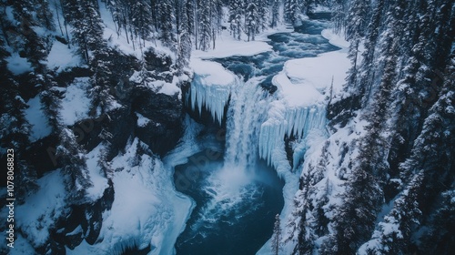 Aerial view of a frozen waterfall surrounded by snow-covered trees.