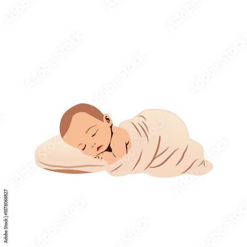 Illustration of a peacefully sleeping baby wrapped in a soft, beige blanket, lying on a pillow. The baby's serene expression and cozy swaddle create a heartwarming and gentle scene