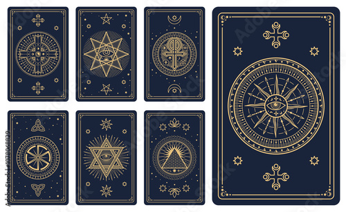 Magic tarot cards in vector line frames with mystic pattern of Moon, Sun, stars. Esoteric, astrology and spiritual tarot cards with celestial, occult and alchemy symbols, hexagram, eye of providence