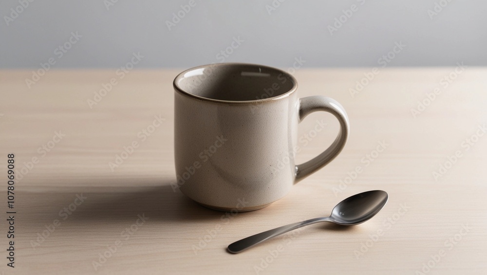 Empty Mug on Table. Empty Ceramic Mug on Light Wooden Table with Spoon. Empty Mug on Table. Empty Ceramic Mug on Light Wooden Table with Spoon.