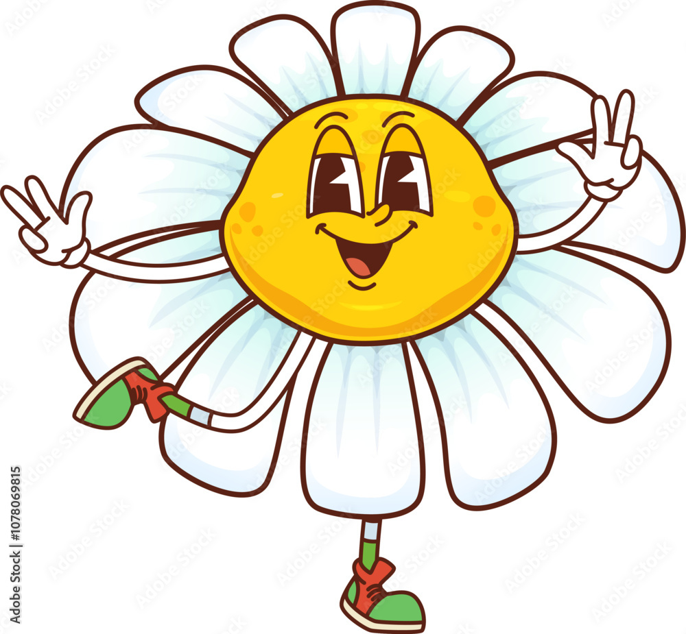 Fototapeta premium Groovy daisy chamomile flower character flashing peace sign. Cartoon vector charming hippie camomile blossom with white petals, cheerful expression and retro sneakers exudes playful summer retro vibes