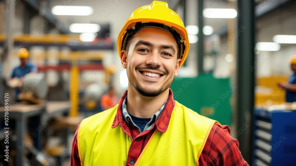 Happy Young Worker in Factory Setting Wearing Safety Gear, Ideal for Safety and Workplace Training Materials Happy Young Worker in Factory Setting Wearing Safety Gear, Ideal for Safety and Workplace Training Materials