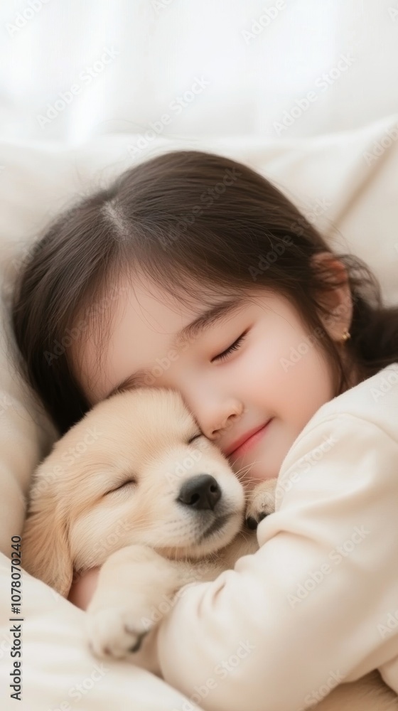 A joyful girl cuddles a golden retriever puppy while lying on a soft blanket at home, enjoying a peaceful moment together A joyful girl cuddles a golden retriever puppy while lying on a soft blanket at home, enjoying a peaceful moment together