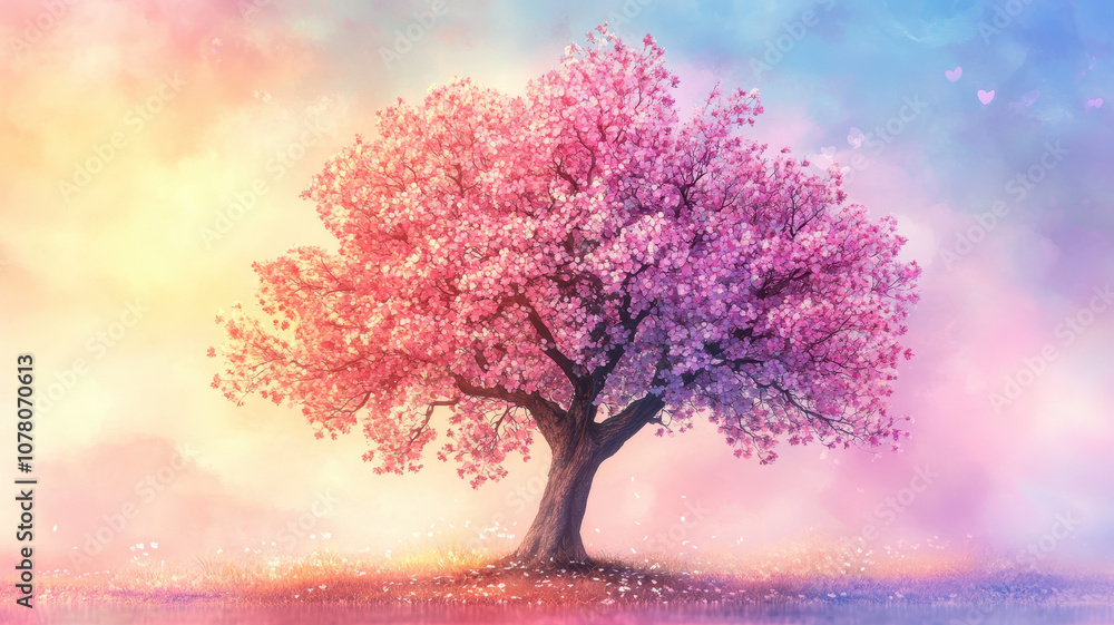 Majestic tree in center showcasing vibrant pink blossoms against dreamy pastel background, evoking sense of tranquility and beauty Majestic tree in center showcasing vibrant pink blossoms against dreamy pastel background, evoking sense of tranquility and beauty