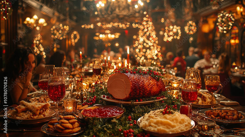 An elegantly set table with fresh dishes for a Christmas Eve dinner, featuring traditional holiday foods, candles, and festive decorations in a warm, inviting atmosphere. An elegantly set table with fresh dishes for a Christmas Eve dinner, featuring traditional holiday foods, candles, and festive decorations in a warm, inviting atmosphere.