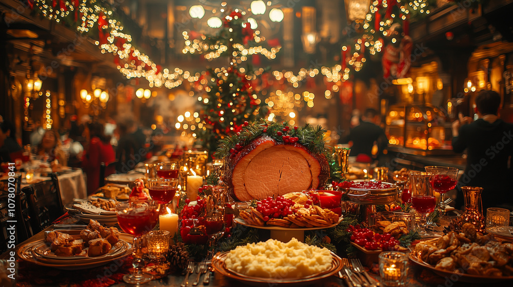 An elegantly set table with fresh dishes for a Christmas Eve dinner, featuring traditional holiday foods, candles, and festive decorations in a warm, inviting atmosphere. An elegantly set table with fresh dishes for a Christmas Eve dinner, featuring traditional holiday foods, candles, and festive decorations in a warm, inviting atmosphere.