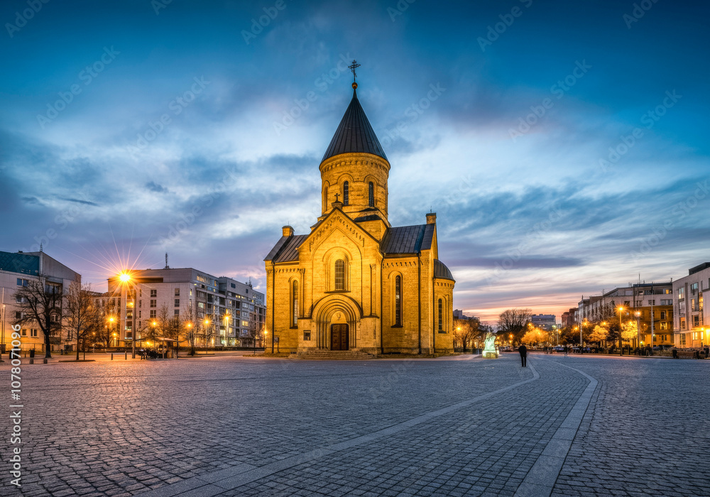 Naklejka premium Majestic cathedral at sunset in urban square