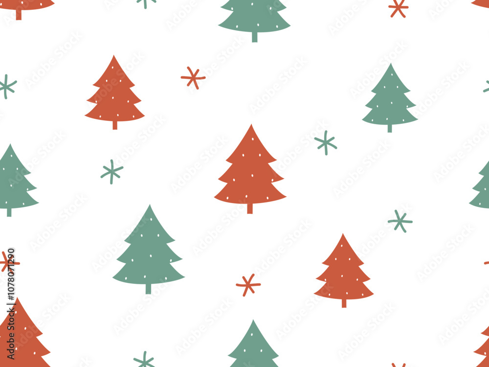 Obraz premium Christmas or New year seamless pattern with pine tree and hand drawn snowflakes on white background vector.