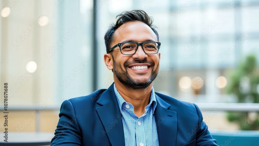 Obraz premium Professional Business Portrait of a Smiling Man in Glasses and Blue Suit, Perfect for Corporate Websites and Marketing Materials