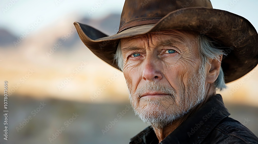 The sun beat down upon the wrinkled face of the older man as he stood stoically in the vast desert landscape, his weathered brown cowboy hat providing some relief from the intense heat