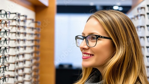 Blonde Woman Smiling in Optical Store Trying on Stylish Eyeglasses Frames photo