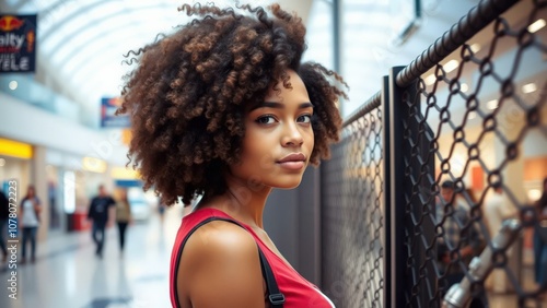 Young Woman with Curly Hair in Shopping Mall, Capturing Style and Confidence, Perfect for Fashion and Beauty Advertisements photo