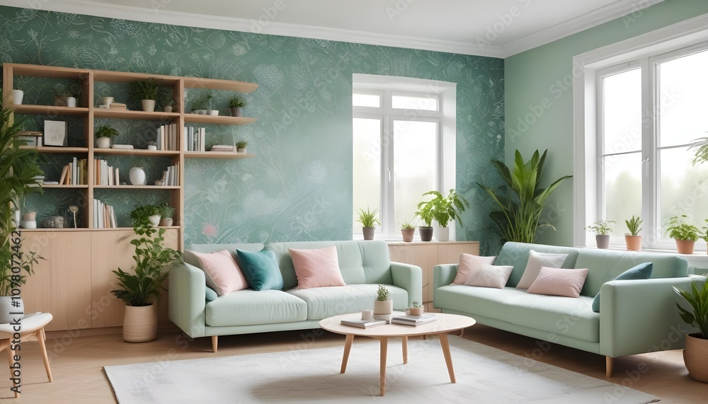 Scandinavian living room interior design zoom background,Doodle patterned wallpaper graphics Scandinavian living room interior design zoom background,Doodle patterned wallpaper graphics